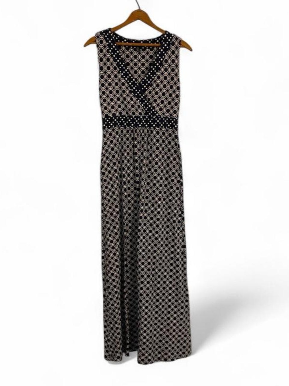 Lands' End Women's XS Navy White Geometric VNeck Maxi Dress Side Slits Cotton